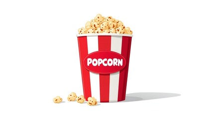 A red and white striped bucket of popcorn on a plain white background
