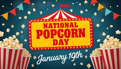 A colorful illustration celebrating National Popcorn Day on January 19th with popcorn buckets and festive decorations
