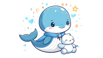 Adorable cartoon whale and seal embrace amidst sparkling hearts and stars