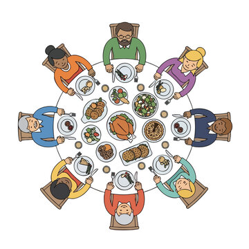 Cartoon illustration of a round table with 7 people seated, food and plates, viewed from above