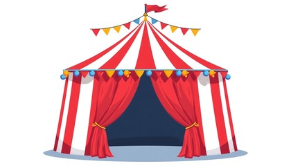A colorful illustration of a red and white striped circus tent with open curtains and festive decorations.