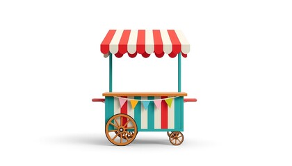 A colorful food cart with a striped awning and wooden wheels on a white background