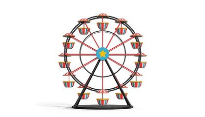 A colorful Ferris wheel stands alone on a white background, symbolizing fun and excitement at an amusement park or carnival.