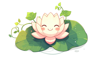 Smiling lotus flower with smiling petals and green leaves, water droplets and a transparent background