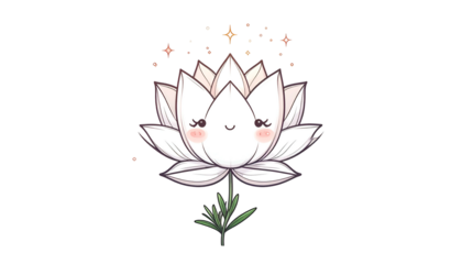 Cartoon white lotus with smiling face, sparkles above, and tiny green leaves