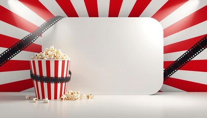 A red and white striped popcorn bucket with film strips on a vibrant red and white striped background