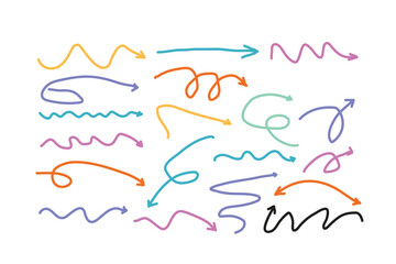 Colorful hand drawn arrow collection displaying various styles and directions on a white background