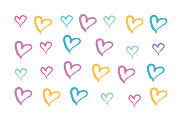 Colorful hand-drawn heart doodles scattered on a white background, symbolizing love and affection