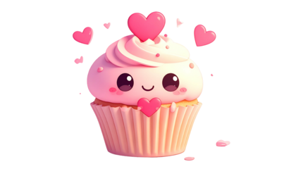 Adorable pink cupcake with heart sprinkles and whipped frosting, set against black