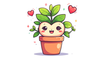 Adorable plant with face, leaves, in pot, surrounded by hearts and sparkles