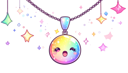 Adorable, cartoon necklace with rainbow pendant, sparkles, and a black background