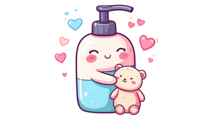 Adorable illustrated hand sanitizer hugging a teddy bear, surrounded by hearts