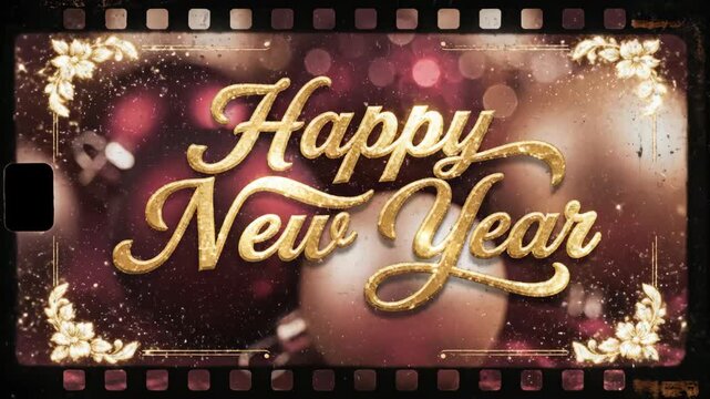 Sparkling Happy New Year lettering in golden script on a festive background with Christmas balls and bokeh effect.