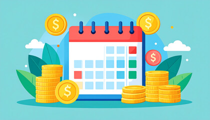 Financial Planning Calendar with Gold Coins. Budgeting, Payment Schedule, and Money Management Concept. Vector Illustration.