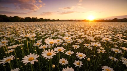 Field of daisies bathed in sunlight at sunset