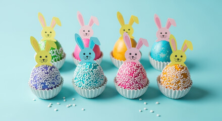 Colorful easter bunny themed cake pops with pastel icing and sprinkles arranged in festive paper cups on a light blue background