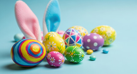 Colorful easter eggs with playful bunny ears and spring decorations on pastel blue background for festive seasonal celebration