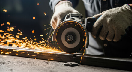 Worker using angle grinder to cut metal bar with bright sparks flying in industrial workshop, wearing protective gloves and clothing