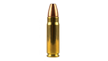 Vertical View of a Single Shiny Brass Ammunition Cartridge for Firearm Safety isolated on transparent background