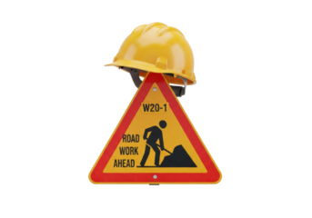 A photorealistic 3d digital illustration of a yellow safety helmet balanced on a reflective road work sign, isolated on a transparent studio background. concept of construction safety and planning
