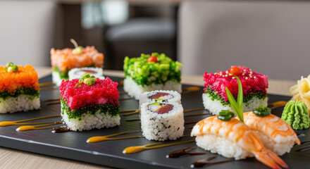 Colorful assorted sushi rolls and nigiri with shrimp served on slate plate in modern restaurant interior