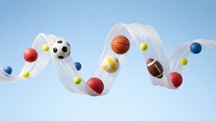 Assorted sports balls floating in the sky on a ribbon