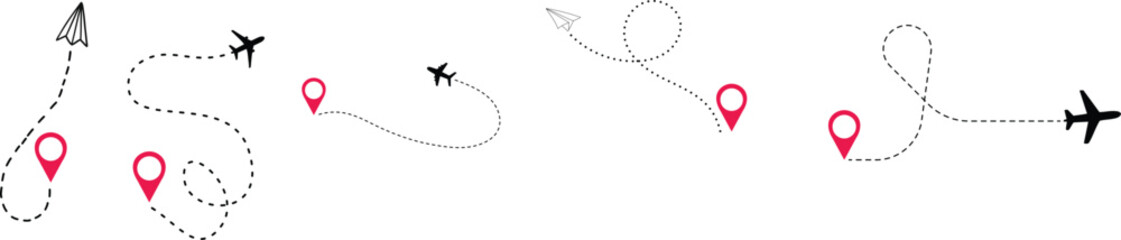 Airplane Track Icon set. Air plane flight route dash line trace with start point. Airplane flight path with destination pin. flying plane with twisted, curved and straight dashed trace path.