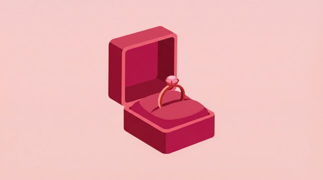 Isometric illustration of a red ring box with an engagement ring featuring a pink gemstone