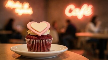 Delicious red velvet cupcake with heart-shaped topping on a plate in cozy café setting