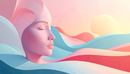 Tranquil woman's profile in abstract pastel waves, representing peace, mindfulness, and gentle beauty