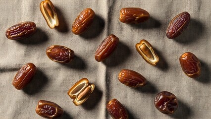 A top-down view of whole and halved dates creating a pattern on a natural linen background, a beautiful rustic composition.