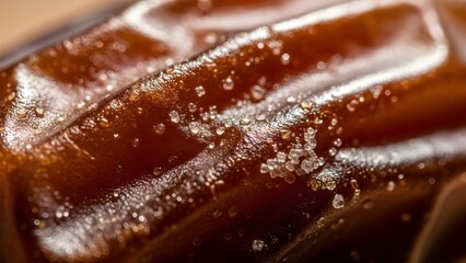 A macro shot of a date with sugar crystals, highlighting its sweet and sticky texture in an appetizing close-up.