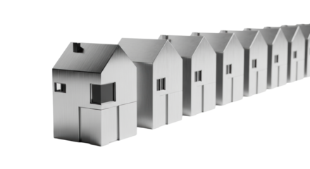 One distinct, reflective platinum architectural model contrasting sharply with a uniform row of six dull silver houses on a crisp, white studio backdrop. Concept of exclusive material selection