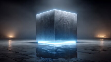 Floating glass cube with neon blue light images