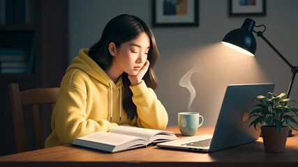 Lo-Fi Style Girl Studying at Desk With Laptop and Warm Light at Night