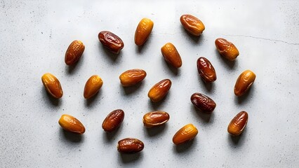 A top-down view of dates scattered on a white background, creating a clean and modern pattern that highlights their color variety.