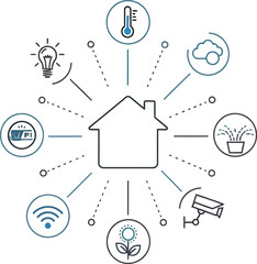 Centralized smart home security and automation system illustrated with icons for temperature control lighting internet connection and plant watering.