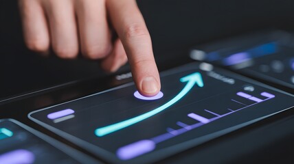 Finger Touching Digital Growth Arrow on Data Dashboard Representing Business Analytics and Performance