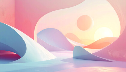 Modern Abstract Pastel Landscape with Soft Wavy Shapes and Gradient Hues