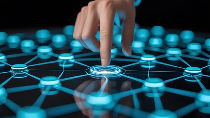 Finger Selecting Central Digital Network Node Representing Connectivity, Data Control and Technology