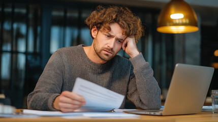 A person filing an insurance claim on a laptop, with a concerned expression
