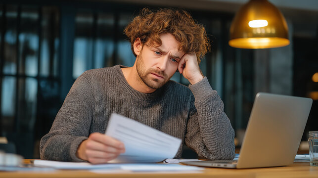 A person filing an insurance claim on a laptop, with a concerned expression