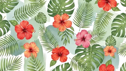Fototapete Tropische Blätter Modern vector watercolor-style seamless nature wallpaper with hibiscus flowers, tropical leaves, and organic textures, vibrant botanical background for decor and textiles  © meeblues