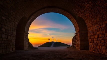 Happy easter sunday morning archway to vibrant sunset