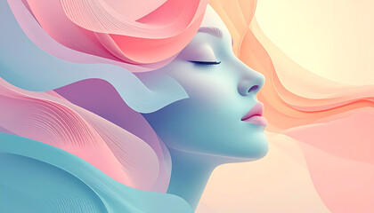 Abstract Serene Woman Profile with Flowing Pastel Waves. Ethereal Beauty, Tranquility & Mindfulness Concept.
