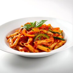 a plate of veg penne pasta in extra red sauce on a white plate. warm lighting, white background.