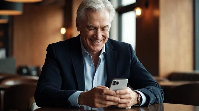 Smiling senior man in a suit holding a smartphone, in a modern, softly lit indoor setting
