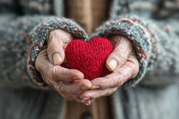 Elderly person holds red heart symbolizing support for family caregivers during hospice palliative care month