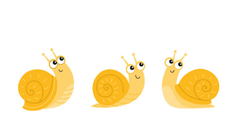 Cute cartoon snail characters set. Funny yellow snails with big eyes. Flat vector illustration. Kids design, nursery art, isolated on white background.
