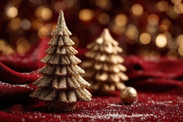 Festive red background with gold tree and decorated cup of coffee surrounded by seasonal decorations creates a cheerful holiday scene